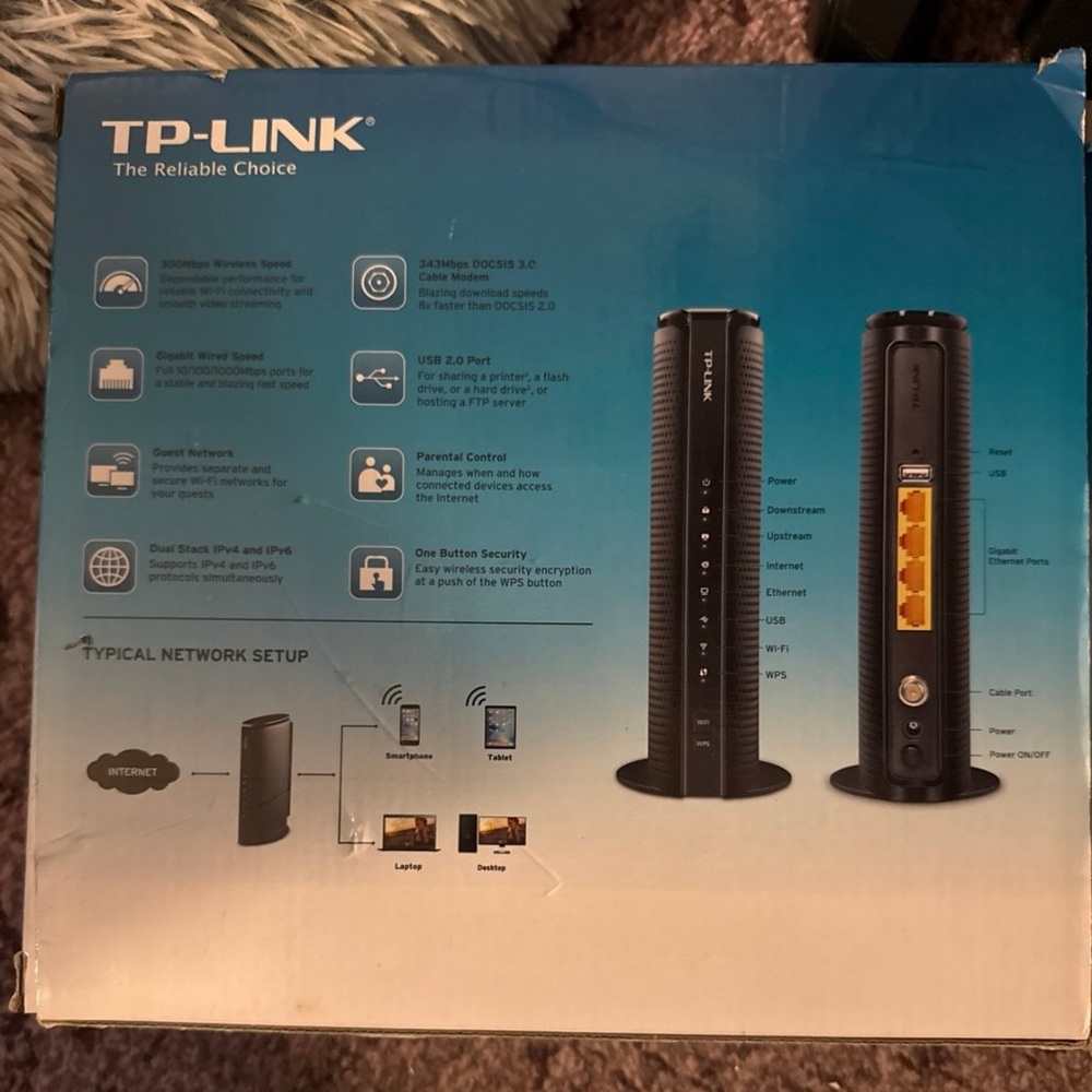 TP-Link TC-W7960 DOCSIS3.0 300Mbps Wireless WiFi Cable Modem Router comcast - Picture 2 of 2